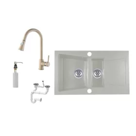   Laneo Locarno L87-515B Gránit Mosogató + Zuhanyfejes csap + Szifon + Adagoló (bézs)