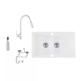   Laneo Locarno L87-515BI Gránit Mosogató + Zuhanyfejes csap + Szifon + Adagoló (fehér)