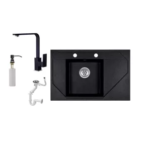   Evinion Orion O765-49C Gránit Mosogató + Design csap + Adagoló (fekete - szemcsés)