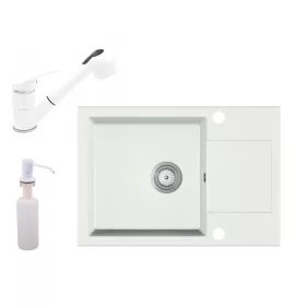   Gránit Mosogató EOS Adria + Kihúzható Shower Csap + Adagoló + Szifon (fehér)
