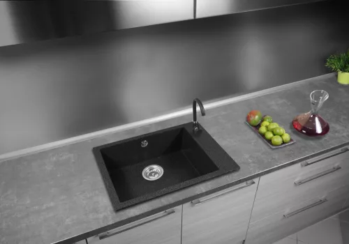 Evinion K615-45C Gránit Mosogató + Design Csap + Dugóemelő (fekete)