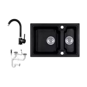   Laneo Boston S63-43C Gránit Mosogató + Csap + Dugóemelő (fekete)
