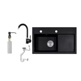   Laneo L725-43C Gránit Mosogató + Csap + Szifon + Adagoló (Fekete)