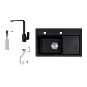   Laneo L725-43C Gránit Mosogató + Design Csap + Szifon + Adagoló (fekete)