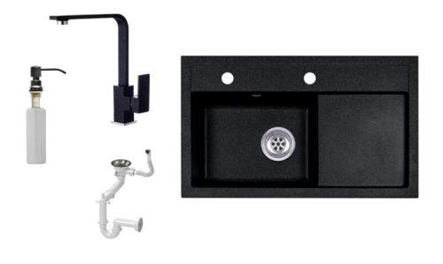 Laneo L725-43C Gránit Mosogató + Design Csap + Szifon + Adagoló (fekete)