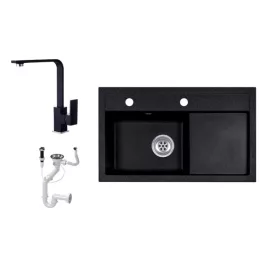  Laneo L725-43C Gránit Mosogató + Design Csap + Dugóemelő (fekete)
