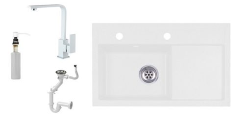 Laneo L725-43BI Gránit Mosogató + Design Csap + Szifon + Adagoló (fehér)