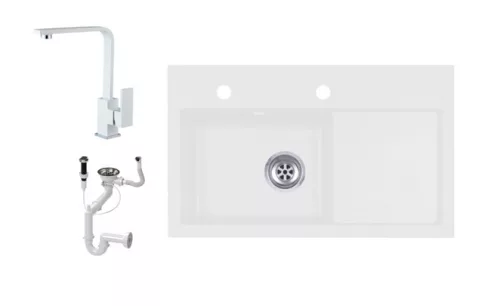 Laneo L725-43BI Gránit Mosogató + Design Csap + Dugóemelő (fehér)