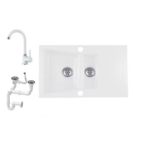   Laneo Locarno L87-515BI Gránit Mosogató + Szifon + Csap (Fehér)