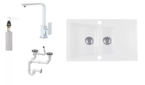 Locarno L87-515BI Gránit Mosogató + Design Csap + Szifon + Adagoló (fehér)