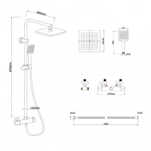 Yoka Bodo Therm-23 zuhanyrendszer termosztátos csapteleppel - fekete