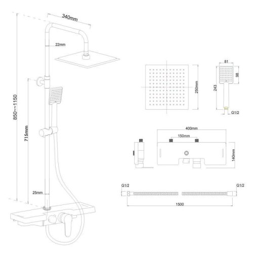 Yoka Oslo többfunkciós zuhanyrendszer csapteleppel - fekete