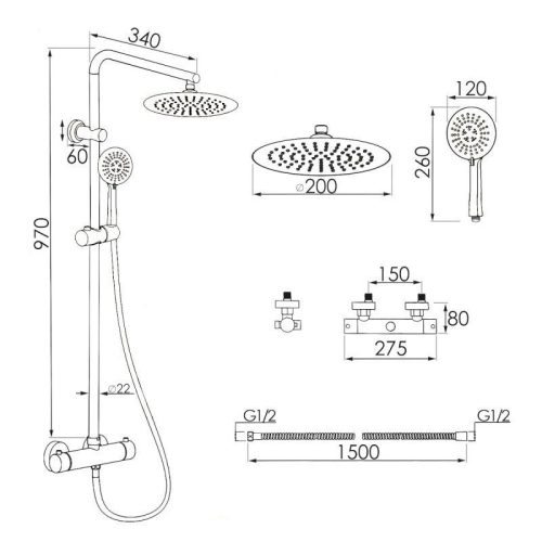 Yoka Enza zuhanyrendszer termosztátos csapteleppel - fekete