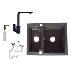   NERO Y582C Gránit Mosogató + Design csap + Adagoló + Szifon (fekete - szemcsés)