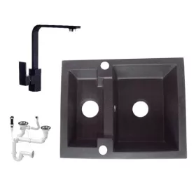   NERO Y582C Gránit Mosogató + Design csaptelep + Dugóemelő (fekete - szemcsés)