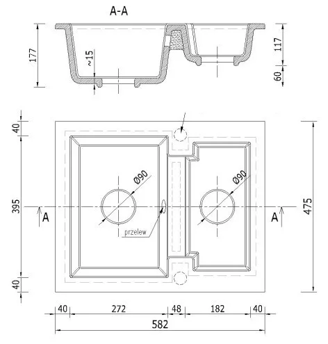 NERO Y582C Gránit Mosogató + Design csaptelep + Dugóemelő (fekete - szemcsés)