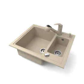   Gránit mosogató NERO Arriva + Kihúzható zuhanyfejes Shower csaptelep + adagoló + dugókiemelő (bézs)