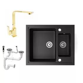   Gránit mosogató NERO Arriva + Design Gold csaptelep + dugókiemelő (matt fekete)