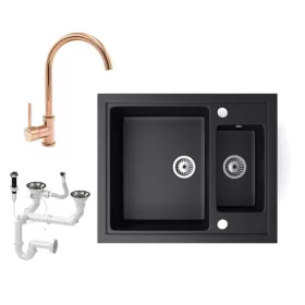   Gránit mosogató NERO Arriva + magasított rose gold csaptelep + dugókiemelő (matt fekete)