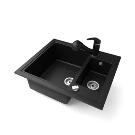   Gránit mosogató NERO Arriva + kihúzható zuhanyfejes Shower csaptelep + dugókiemelő (matt fekete)