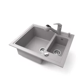   Gránit mosogató NERO Arriva + kihúzható zuhanyfejes Shower csaptelep + adagoló + dugókiemelő (szürke)