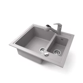   Gránit mosogató NERO Arriva + kihúzható zuhanyfejes Shower csaptelep + dugókiemelő (szürke)