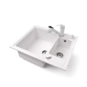   Gránit mosogató NERO Arriva + kihúzható zuhanyfejes Shower csaptelep + adagoló + dugókiemelő (fehér)