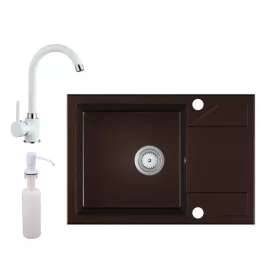   Gránit Mosogató EOS Adria + Fehér Csaptelep + Adagoló (sötétbarna)