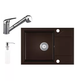   Gránit Mosogató EOS Adria + Kihúzható Shower Csaptelep + Adagoló (sötétbarna)