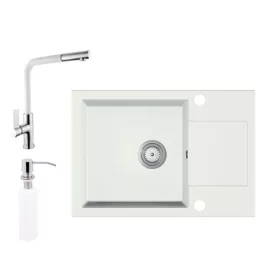   Gránit Mosogató EOS Adria + Kihúzható Linea Csap + Adagoló + Szifon (fehér)