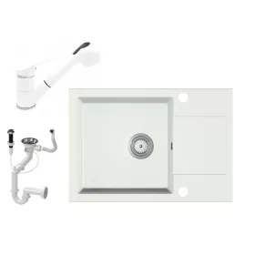   Gránit Mosogató EOS Adria + Kihúzható Shower Csap + Dugóemelő + Szifon (fehér)