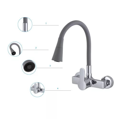Gamma FlexWall flexibilis fali mosogató / mosdó csaptelep zuhanyfejjel - szürke / króm
