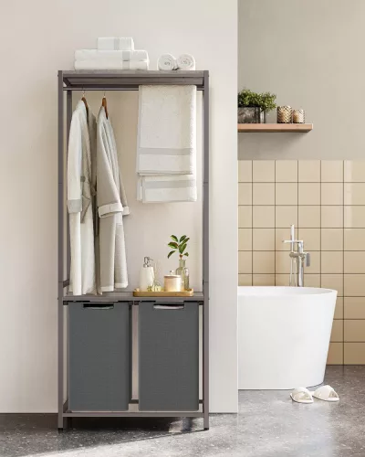 Szennyestartó / mosókonyha bútor ruhafüggesztővel - Vasagle Loft (szürke) 