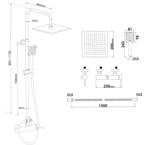 Yoka Flow-20 zuhanyrendszer csapteleppel - fekete