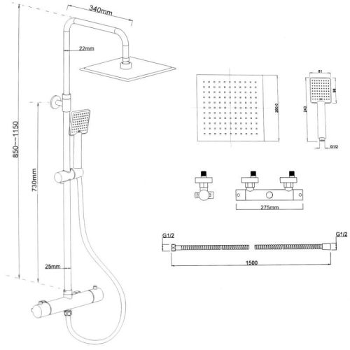 Yoka FlowTherm-20 zuhanyrendszer termosztátos csapteleppel - fekete