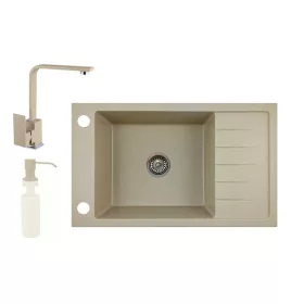   Gránit mosogató NERO Grande + Design csaptelep + adagoló (bézs)