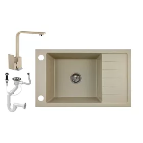   Gránit mosogató NERO Grande + Design csaptelep + dugóemelő (bézs)
