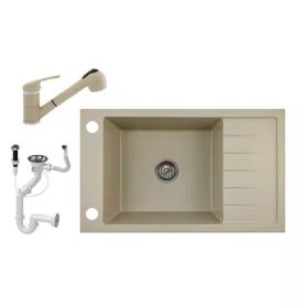   Gránit mosogató NERO Grande + kihúzható Shower csaptelep+ dugóemelő (bézs)