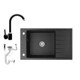   Gránit mosogató NERO Grande + magasított csaptelep + dugóemelő (fekete)