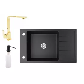   Gránit mosogató NERO Grande + Design Gold csaptelep + adagoló (matt fekete)