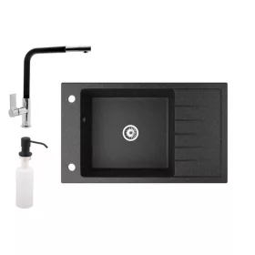   Gránit mosogató NERO Grande + kihúzható Linea csaptelep + adagoló (fekete)