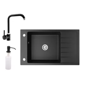   Gránit mosogató NERO Grande + Steel csaptelep + adagoló (matt fekete)
