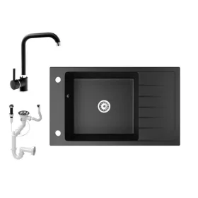   Gránit mosogató NERO Grande + Steel csaptelep + dugókiemelő (matt fekete)