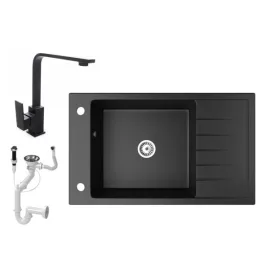   Gránit mosogató NERO Grande + Design csaptelep + dugókiemelő (matt fekete)
