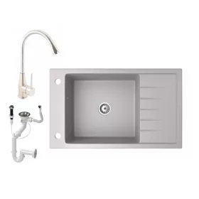   Gránit mosogató NERO Grande + magasított inox csaptelep + dugókiemelő (szürke)