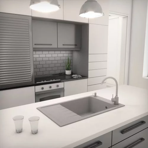 Gránit mosogató NERO Grande + magasított inox csaptelep + dugókiemelő (szürke)