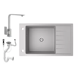   Gránit mosogató NERO Grande + Design csaptelep + dugókiemelő (szürke)