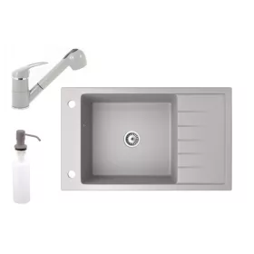   Gránit mosogató NERO Grande + kihúzható zuhanyfejes Shower csaptelep + adagoló (szürke)