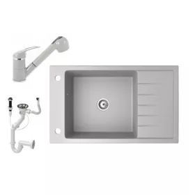   Gránit mosogató NERO Grande + kihúzható zuhanyfejes Shower csaptelep + dugókiemelő (szürke)