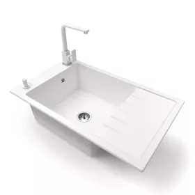   Gránit mosogató NERO Grande + Design csaptelep + dugóemelő (fehér)
